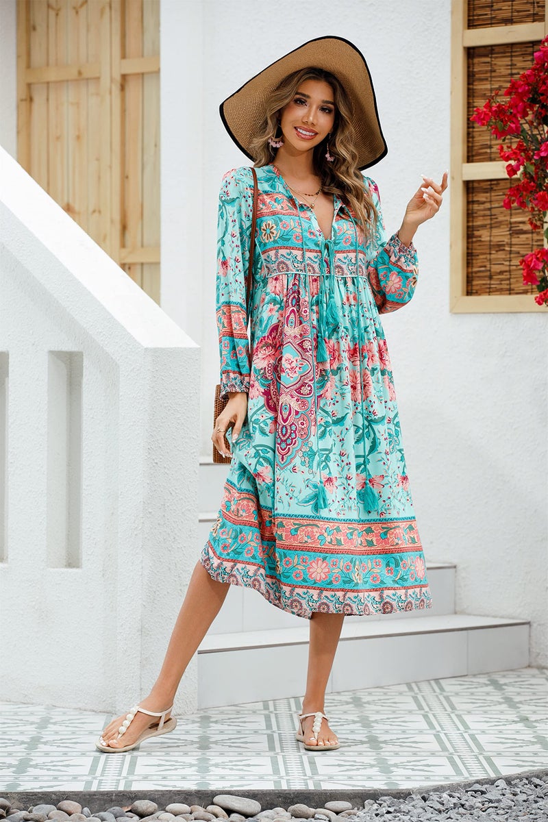 R.Vivimos Women's Long Sleeve Floral Print Retro V Neck Tassel Bohemian Midi Dresses (Small, LightCyan) - Image 2
